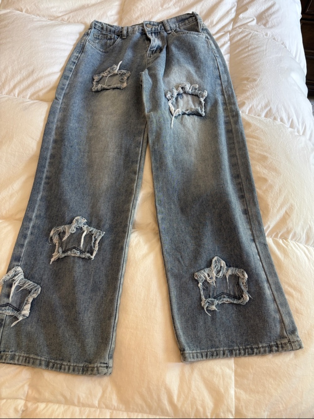 Amazon Women's Light Blue Distressed Wide-Leg Jeans